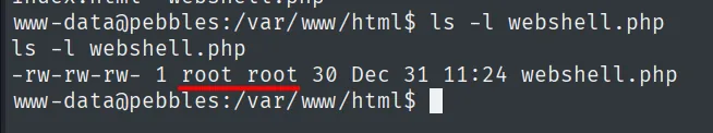 ls -l webshell.php muestra que el fichero escrito por INTO OUTFILE pertenece a root:root