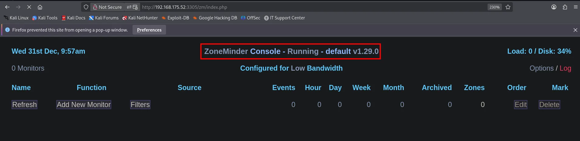 Consola de ZoneMinder en el puerto 3305 mostrando 'ZoneMinder Console - Running - default v1.29.0'