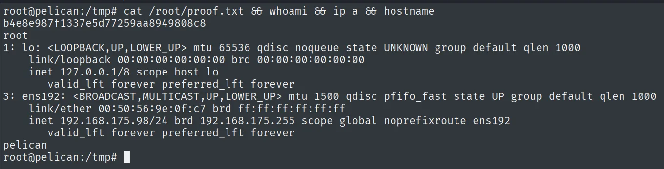 proof.txt leída como root en pelican