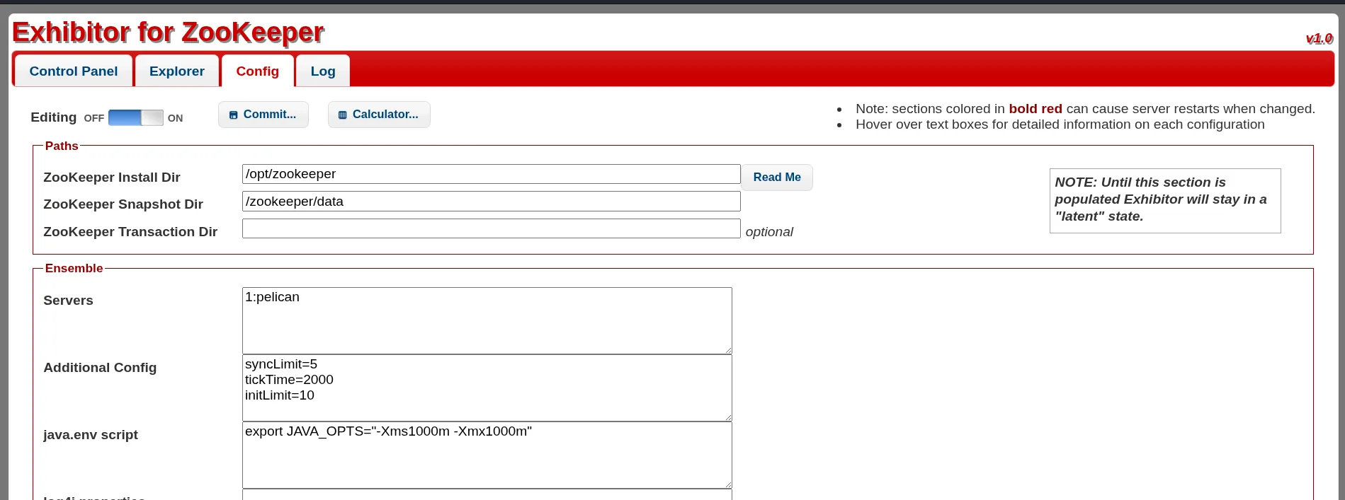 consola web de Exhibitor 1.0 con la pestaña Config y el campo java.env script