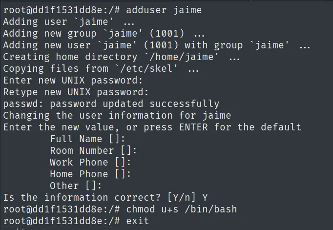 adduser jaime y chmod u+s /bin/bash ejecutados como root dentro del contenedor sobre el host montado