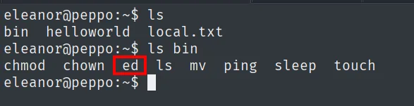 Contenido de /home/eleanor/bin: chmod chown ed ls mv ping sleep touch (ed resaltado)