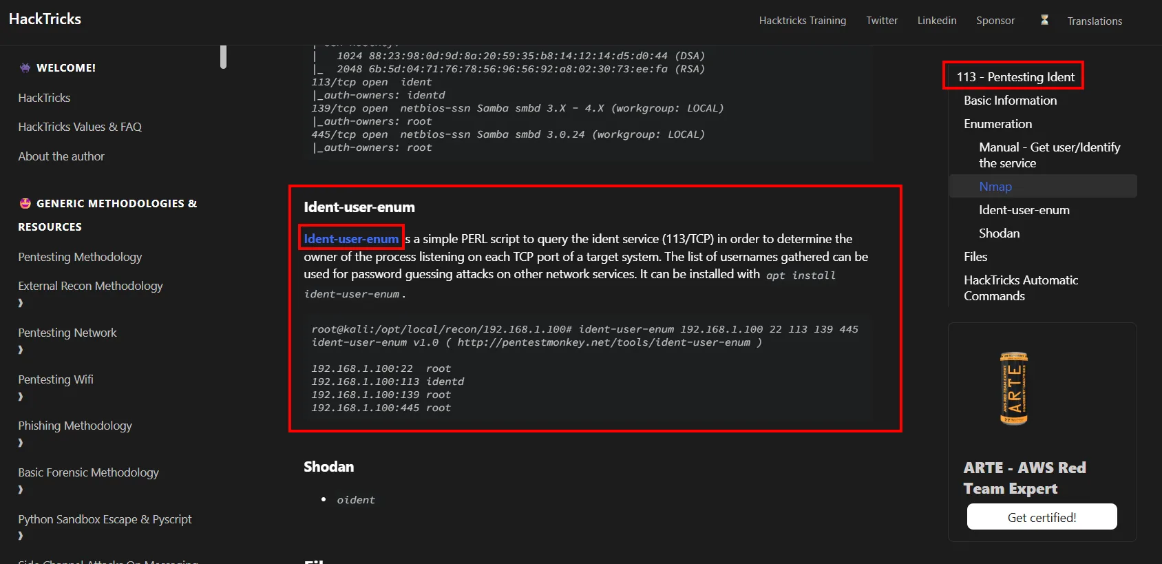 Sección 113 - Pentesting Ident de HackTricks describiendo ident-user-enum como script Perl que consulta el servicio ident para saber qué usuario es dueño de cada puerto