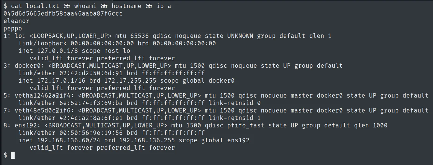 local.txt leída como eleanor en peppo, con IP 192.168.136.60 y la interfaz docker0