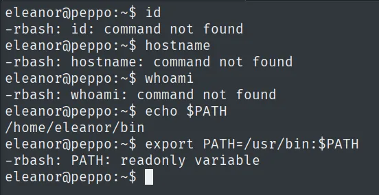 Shell rbash de eleanor: id/hostname/whoami no existen, PATH=/home/eleanor/bin y readonly