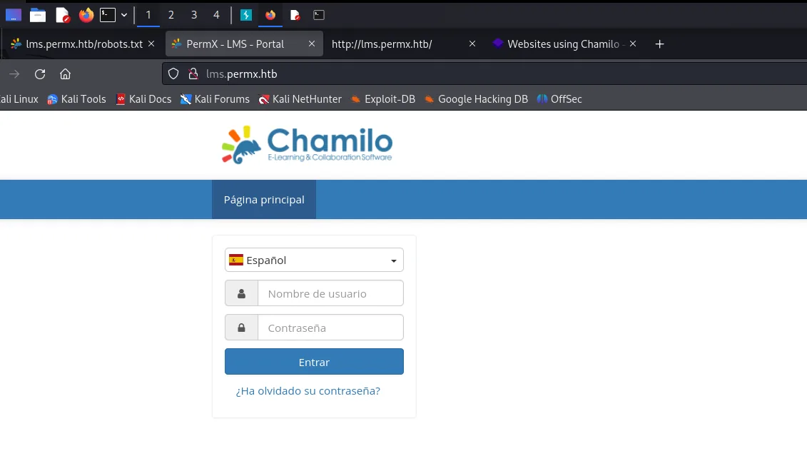 lms.permx.htb presenta el panel de autenticación de Chamilo LMS