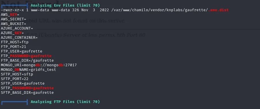 linpeas: .env.dist de la librería gaufrette con FTP/SFTP_PASSWORD=gaufrette, valores por defecto del paquete