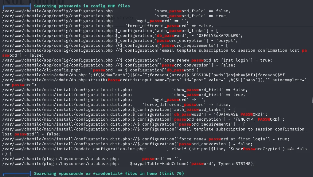 linpeas: configuration.php de Chamilo con db_password = 03F6lY3uXAP2bkW8