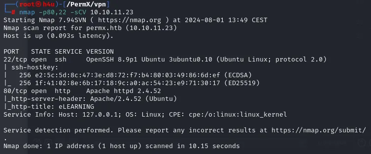 nmap -sCV: OpenSSH 8.9p1 y Apache 2.4.52 (Ubuntu), título eLEARNING