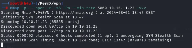 nmap descubre solo dos puertos abiertos: 22 SSH y 80 HTTP