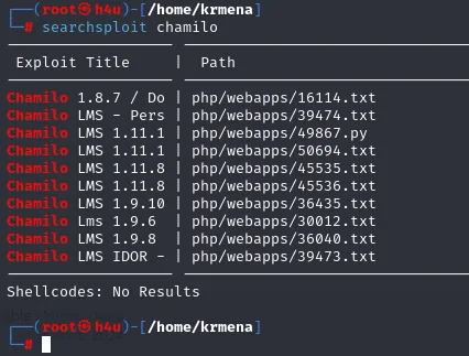searchsploit lista múltiples vulnerabilidades de Chamilo según la versión