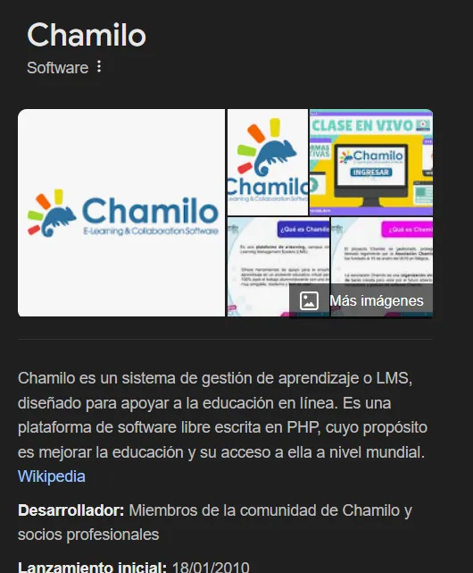 la ficha de Chamilo en el buscador, con el logo, la descripción como LMS de software libre escrito en PHP y la fecha de lanzamiento 18/01/2010