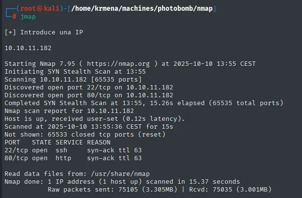 nmap -p-: 22/tcp ssh y 80/tcp http abiertos, el resto closed (reset)