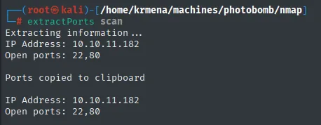 extractPorts leyendo el fichero scan de Photobomb y devolviendo IP Address 10.10.11.182 y Open ports 22,80, copiados al portapapeles