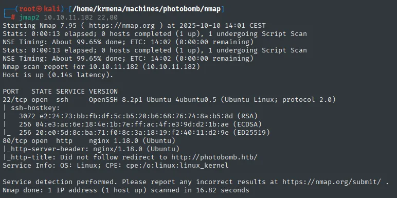 nmap -sCV: OpenSSH 8.2p1, nginx 1.18.0 redirige a photobomb.htb