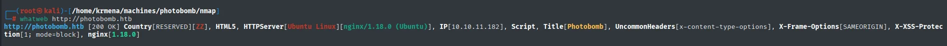 whatweb sobre photobomb.htb: HTML5, nginx 1.18.0 sobre Ubuntu y las cabeceras de seguridad