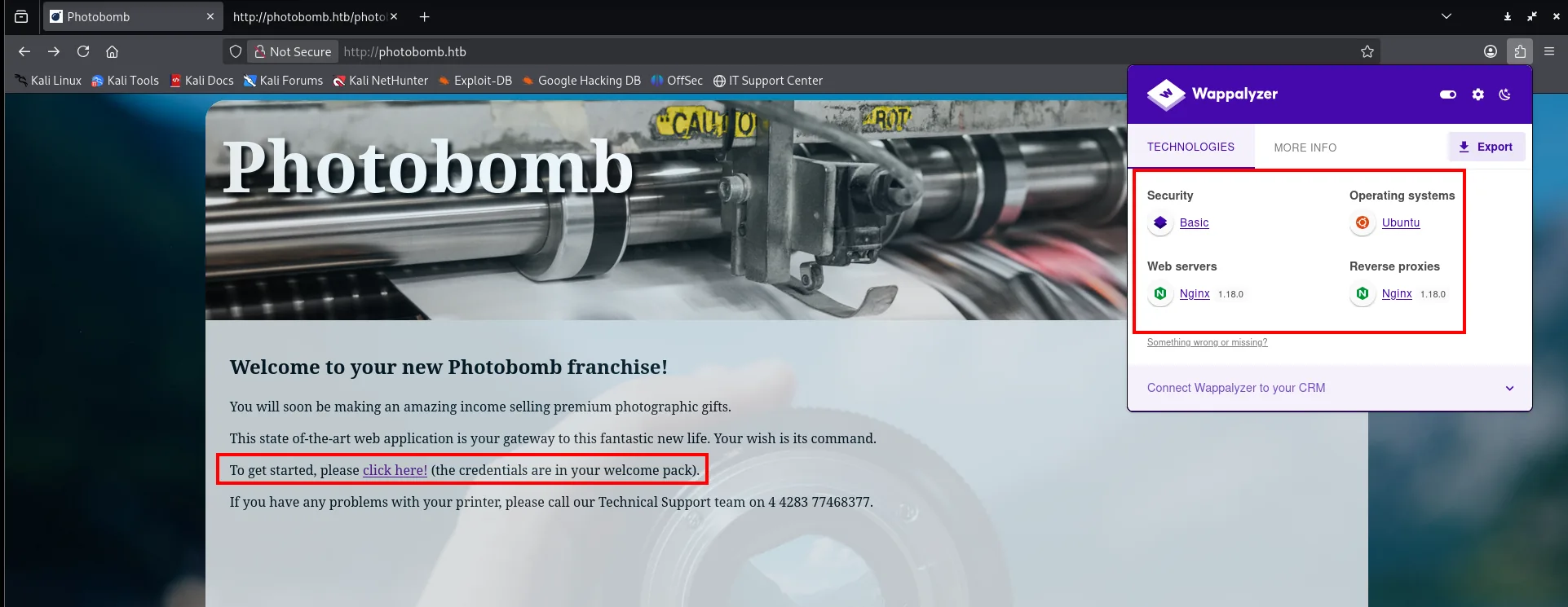 Wappalyzer detecta Basic, Ubuntu y Nginx 1.18.0 sobre la página de bienvenida de Photobomb
