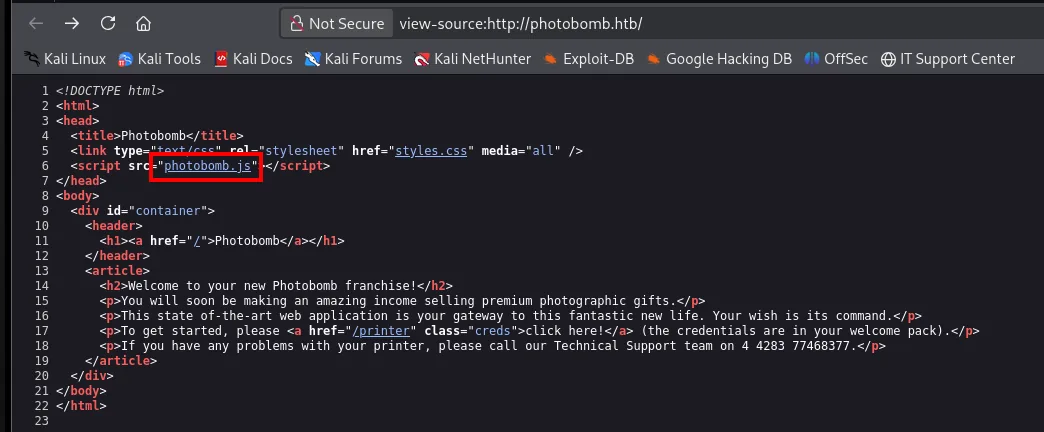view-source de la portada: carga photobomb.js y el enlace /printer con clase creds