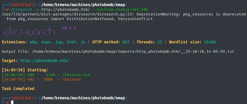 dirsearch sobre photobomb.htb: /favicon.ico 200 y /printer con un 401