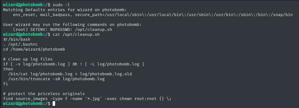 sudo -l: wizard puede ejecutar /opt/cleanup.sh como root con SETENV; el script usa find y [ sin ruta absoluta