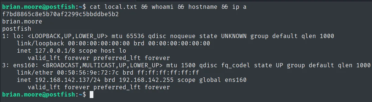 local.txt leido como brian.moore en postfish, con IP 192.168.142.137