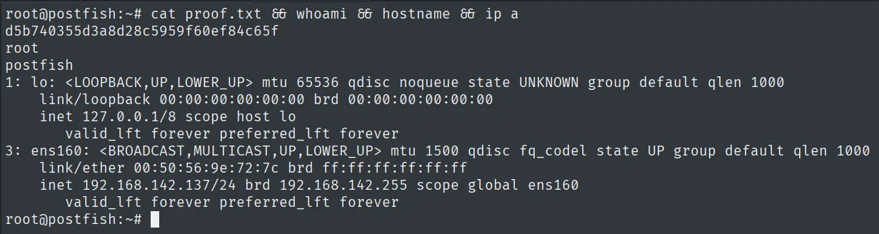 proof.txt leido como root en postfish, con whoami root y hostname postfish