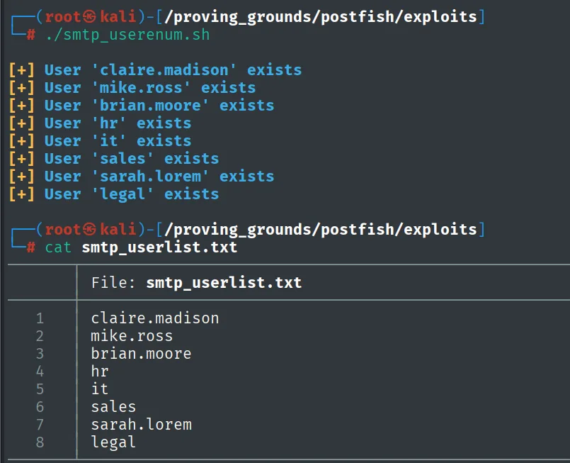 Script smtp_userenum.sh confirmando los usuarios validos claire.madison, mike.ross, brian.moore, hr, it, sales, sarah.lorem y legal