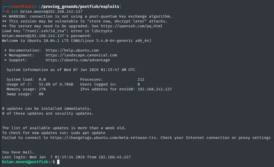 Sesion SSH como brian.moore@postfish (Ubuntu 20.04) tras usar la contrasena capturada