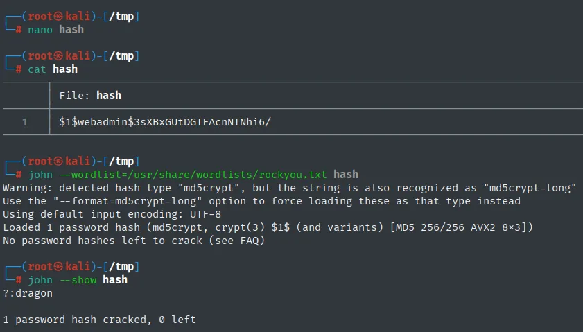 john identifica el hash como md5crypt y lo rompe con rockyou: ?:dragon