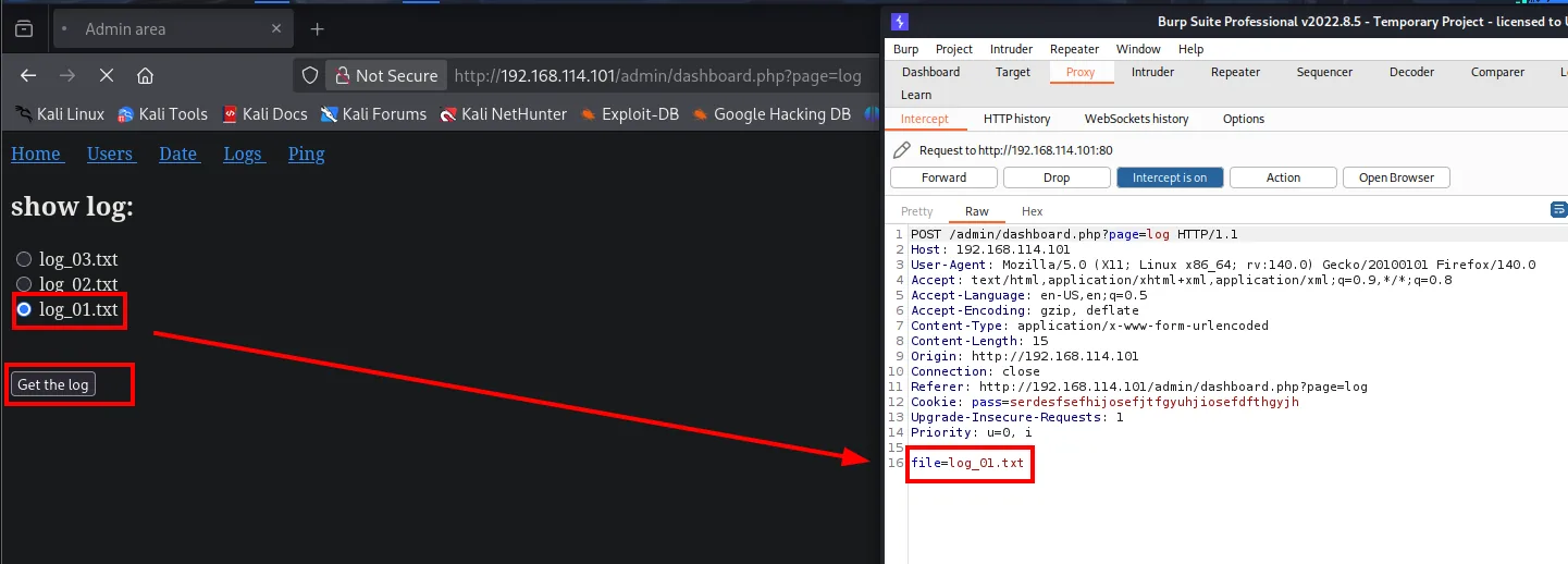 La sección Logs del dashboard pide un fichero con file=log_01.txt (interceptado en Burp)
