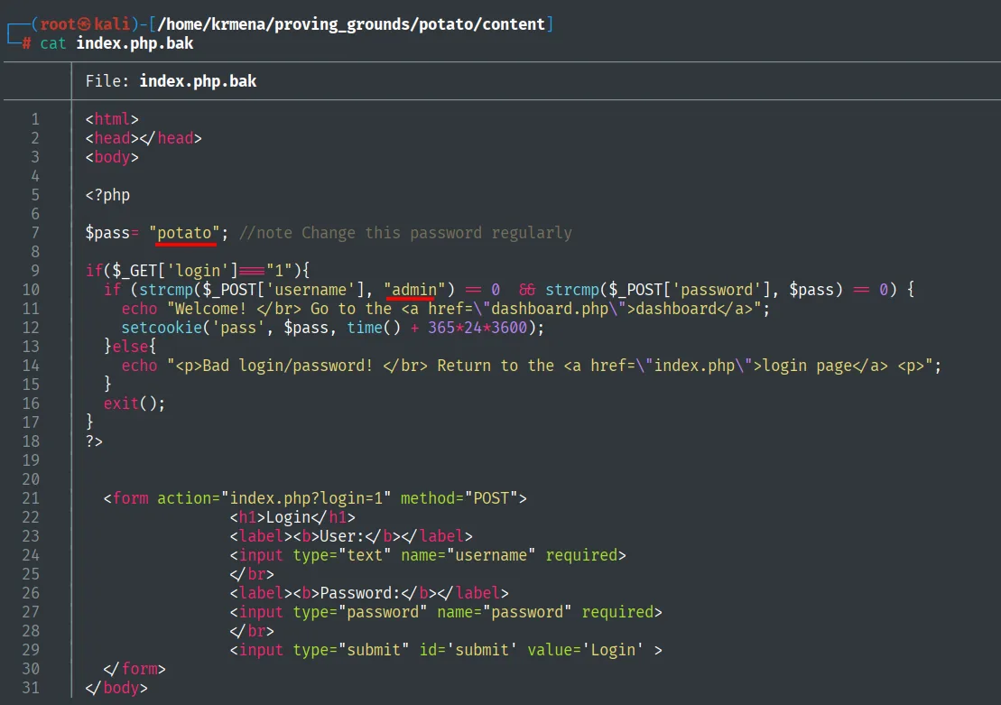 index.php.bak: pass fijo "potato" y login con strcmp()