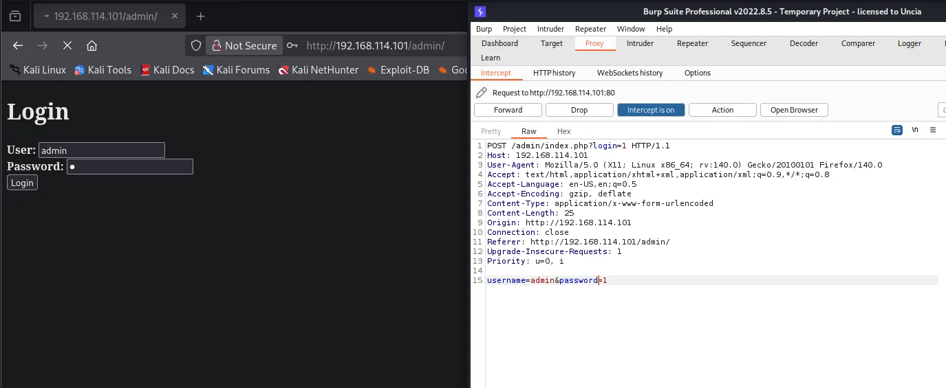 Burp intercepta el login con username admin y la contraseña enviada como array